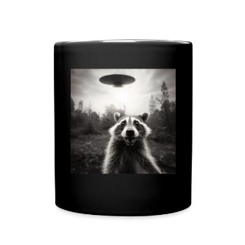 Funny Frightened Raccoon Selfie UFO Alien - Full Colour Mug - black - Front