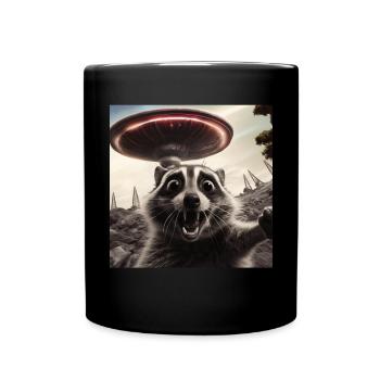 Funny Frightened Raccoon Selfie UFO Alien - Full Colour Mug - black - Front