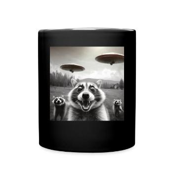 Funny Frightened Raccoon Selfie UFO Alien - Full Colour Mug - black - Front