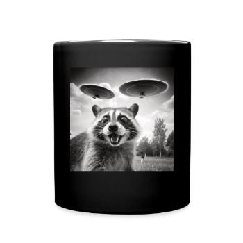 Funny Frightened Raccoon Selfie UFO Alien - Full Colour Mug - black - Front