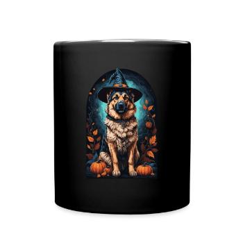 Deutscher Schäferhund Mit Hexenhut Halloween - Tasse einfarbig - Schwarz - Vorne