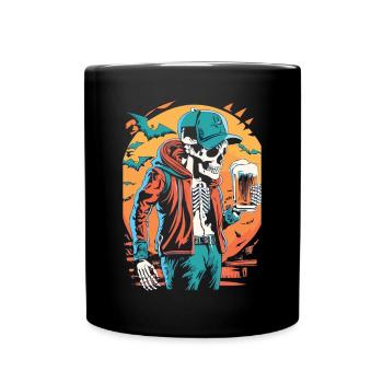 Halloween Biergenuss mit Skelett, das Fest erwacht - Tasse einfarbig - Schwarz - Vorne