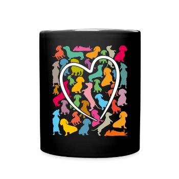 viele bunte Dackel und großes Herz - Tasse einfarbig - Schwarz - Vorne