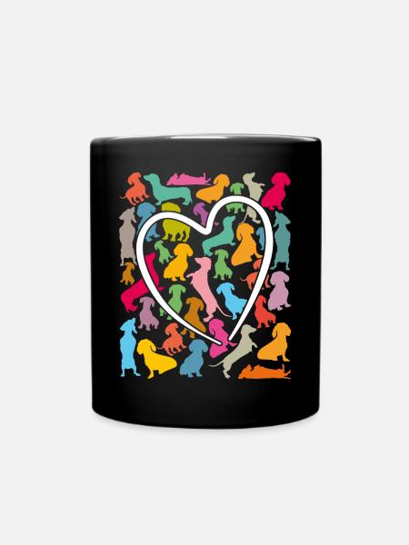 lots of colorful dachshunds and big hearts - Full Colour Mug - black