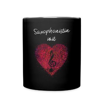 Saxophonistin mit Herz Saxophon Notenschlüssel - Tasse einfarbig - Schwarz - Vorne