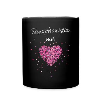 Saxophonistin mit Herz Saxophon Blasinstrument - Tasse einfarbig - Schwarz - Vorne