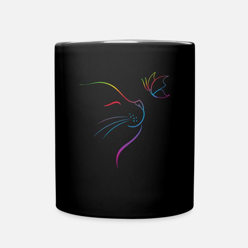 Katze mit Schmetterling - Tasse einfarbig - Schwarz