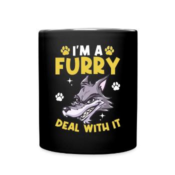 Furry Fandom Fursona Fursuit Wolf - Full Colour Mug - black - Front