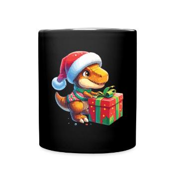 T-Rex Dino Santa Claus unwraps presents - Full Colour Mug - black - Front
