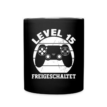 Level 15 Freigeschaltet Gamer Sprüche Geburtstag - Tasse einfarbig - Schwarz - Vorne
