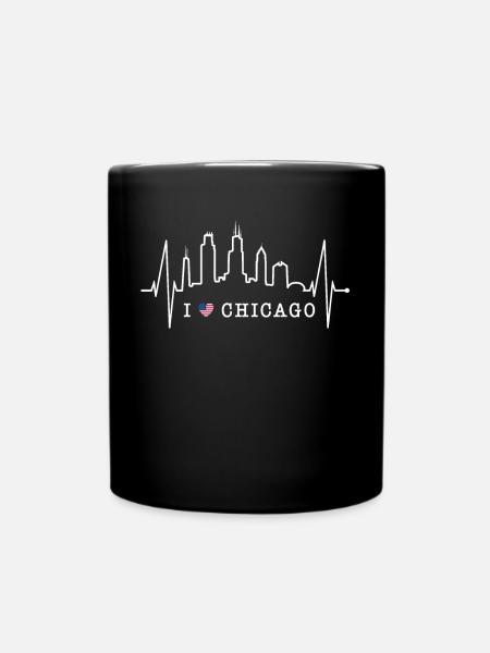 Chicago Skyline Heartbeat USA Heart I Love Chicago - Full Colour Mug - black