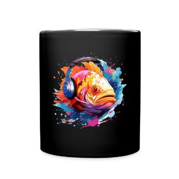 Fish with headphones - Full Colour Mug - black - Front