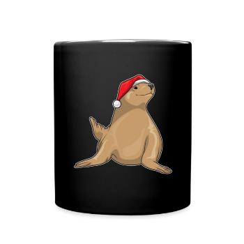 Seehund Weihnachten Weihnachtsmütze - Tasse einfarbig - Schwarz - Vorne