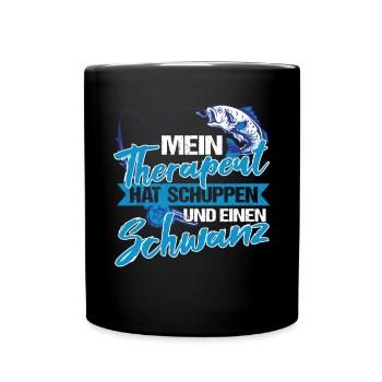 Angeln Angler Mein Therapeut hat Schuppen - Tasse einfarbig - Schwarz - Vorne