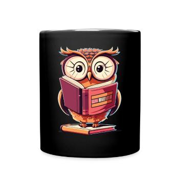 Eule trifft Bücherwurm: Ein Geschenk für Leser - Tasse einfarbig - Schwarz - Vorne