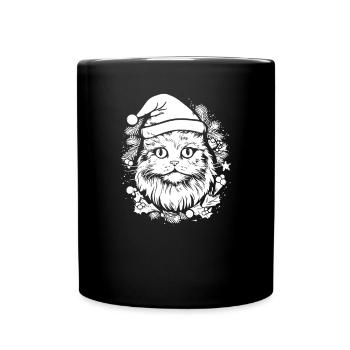 Weinachten Katze als Weihnachtsmann - Tasse einfarbig - Schwarz - Vorne