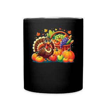 Turkey Thanksgiving with cornucopia autumn fruits - Full Colour Mug - black - Front