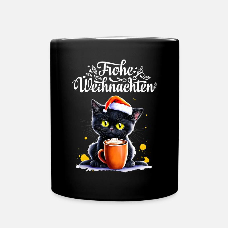 Frohe Weihnachten süße Weihnachtskatze mit Kaffee - Tasse einfarbig - Schwarz