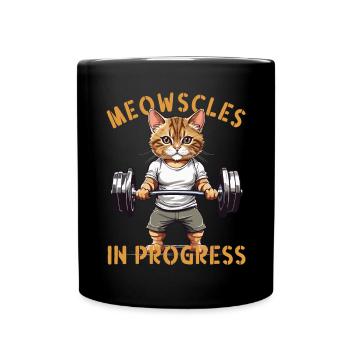 Katzen Bodybuilder "Meowscles in progress" Spruch - Tasse einfarbig - Schwarz - Vorne