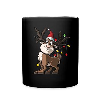 Lustiges Rentier mit Lichterkette - Tasse einfarbig - Schwarz - Vorne