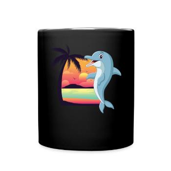 Dolphin Beach Palm Tree Sunset - Full Colour Mug - black - Front