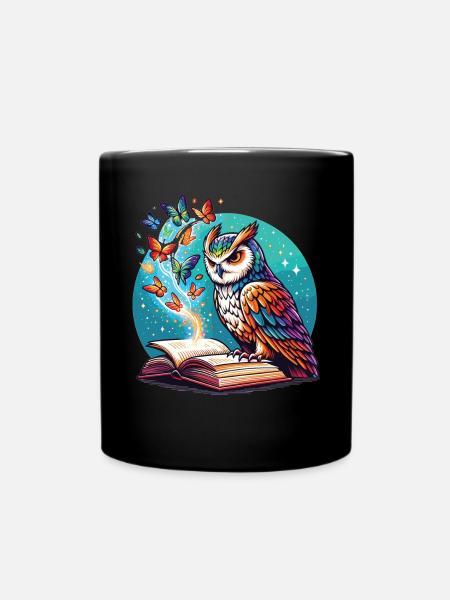 Büchertraum mit Eule und Schmetterlingen - Tasse einfarbig - Schwarz