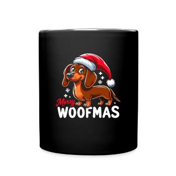 Weihnachtshund Merry Woofmas Weihnachtsdackel - Tasse einfarbig - Schwarz - Vorne