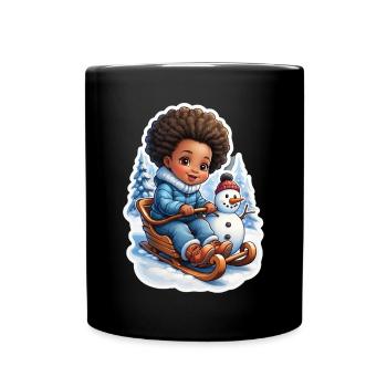Winter fun with snowman and sleigh - Full Colour Mug - black - Front