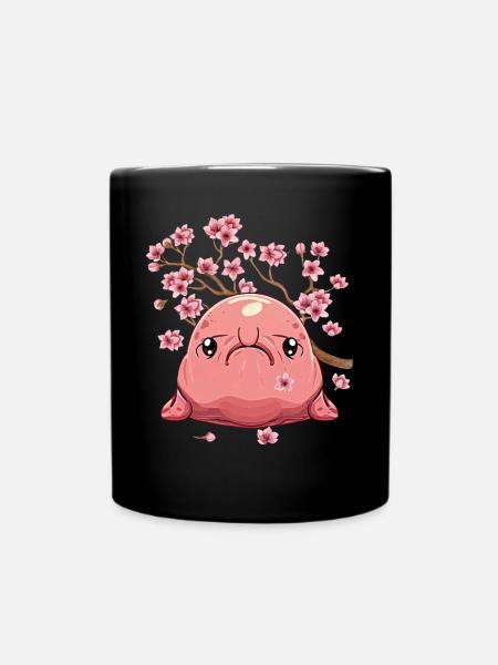 Kawaii Blobfish Japanese Cherry Blossoms - Full Colour Mug - black