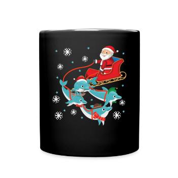 Dolphin Christmas Santa Sleigh - Full Colour Mug - black - Front