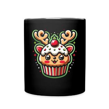 Frohes Fest: Cupcake im Rentiergewand - Tasse einfarbig - Schwarz - Vorne