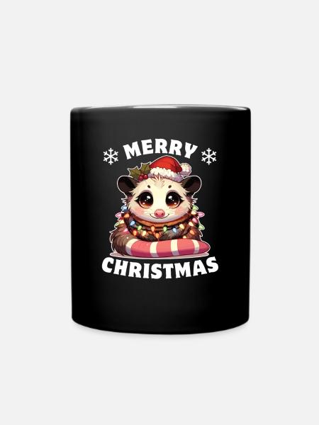 Santa Hat Christmas Fairy Lights Opossum - Full Colour Mug - black