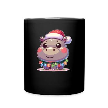 Weihnachtsmütze Weihnachten Lichterkette Hippo - Tasse einfarbig - Schwarz - Vorne