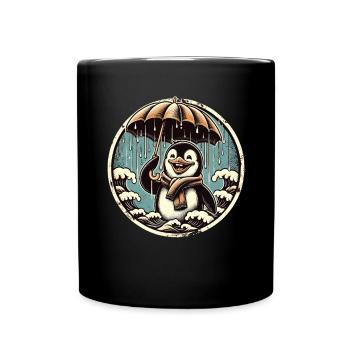 Cheerful penguin in the rain with umbrella - Full Colour Mug - black - Front