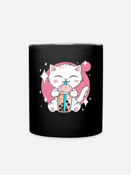 Kawaii Bubble Tea Cat Boba Lait - Mug uni - noir