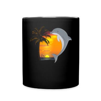 Dolphin Beach Palm Tree Sunset - Full Colour Mug - black - Front
