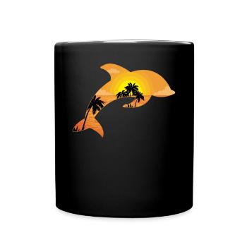 Dolphin Palm Tree Sunset - Full Colour Mug - black - Front