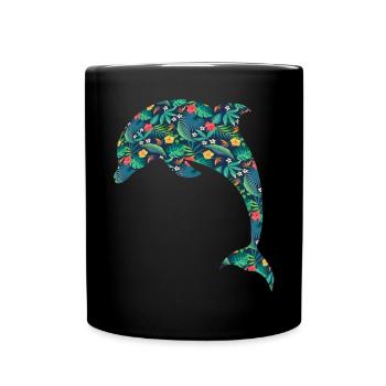 Dolphin Tropical Flower Floral - Full Colour Mug - black - Front