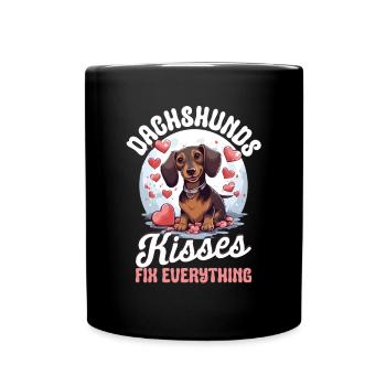 Dachshund kisses Fix everything Sausage Dog Wiener - Full Colour Mug - black - Front