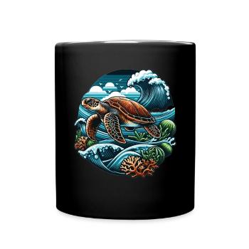 Meeresleben Schildkröte: Ozeanwellen und Korallen - Tasse einfarbig - Schwarz - Vorne