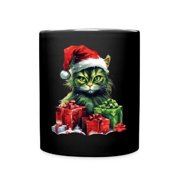 Katze Weihnachten Weihnachtselfe Geschenke Mütze - Tasse einfarbig - Schwarz - Vorne