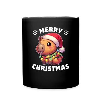 Père Noël chapeau Noël guirlandes lumineuses Capybara - Mug uni - noir - Devant