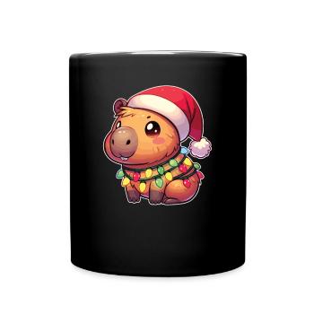 Père Noël chapeau Noël guirlandes lumineuses Capybara - Mug uni - noir - Devant