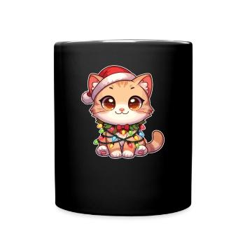 Santa Hat Christmas Fairy Lights Cat - Full Colour Mug - black - Front
