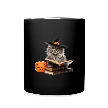 Cat reading a Book Pet Halloween Pumpkins - Tasse einfarbig - Schwarz - Vorne