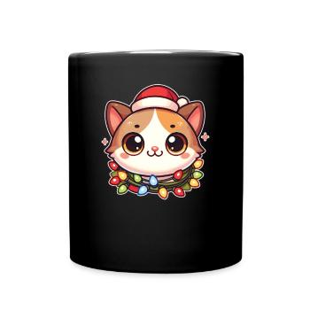 Santa Hat Christmas Fairy Lights Cat - Full Colour Mug - black - Front