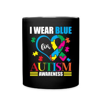 I'm wearing blue for autism awareness month - Full Colour Mug - black - Front
