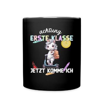 Einhorn Schulstart auf Roller Erste Klasse Kinder - Tasse einfarbig - Schwarz - Vorne