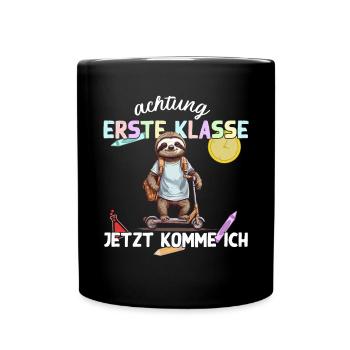 Lustiges Faultier Schulkind auf Roller Einschulung - Tasse einfarbig - Schwarz - Vorne