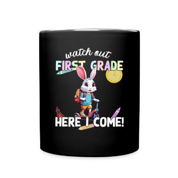 Schule Hase auf Roller lustiger Schulanfang Spruch - Tasse einfarbig - Schwarz - Vorne